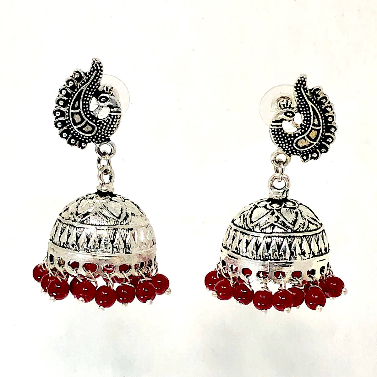 Floral Design Jhumki with Studs and Red beads– PAAIE