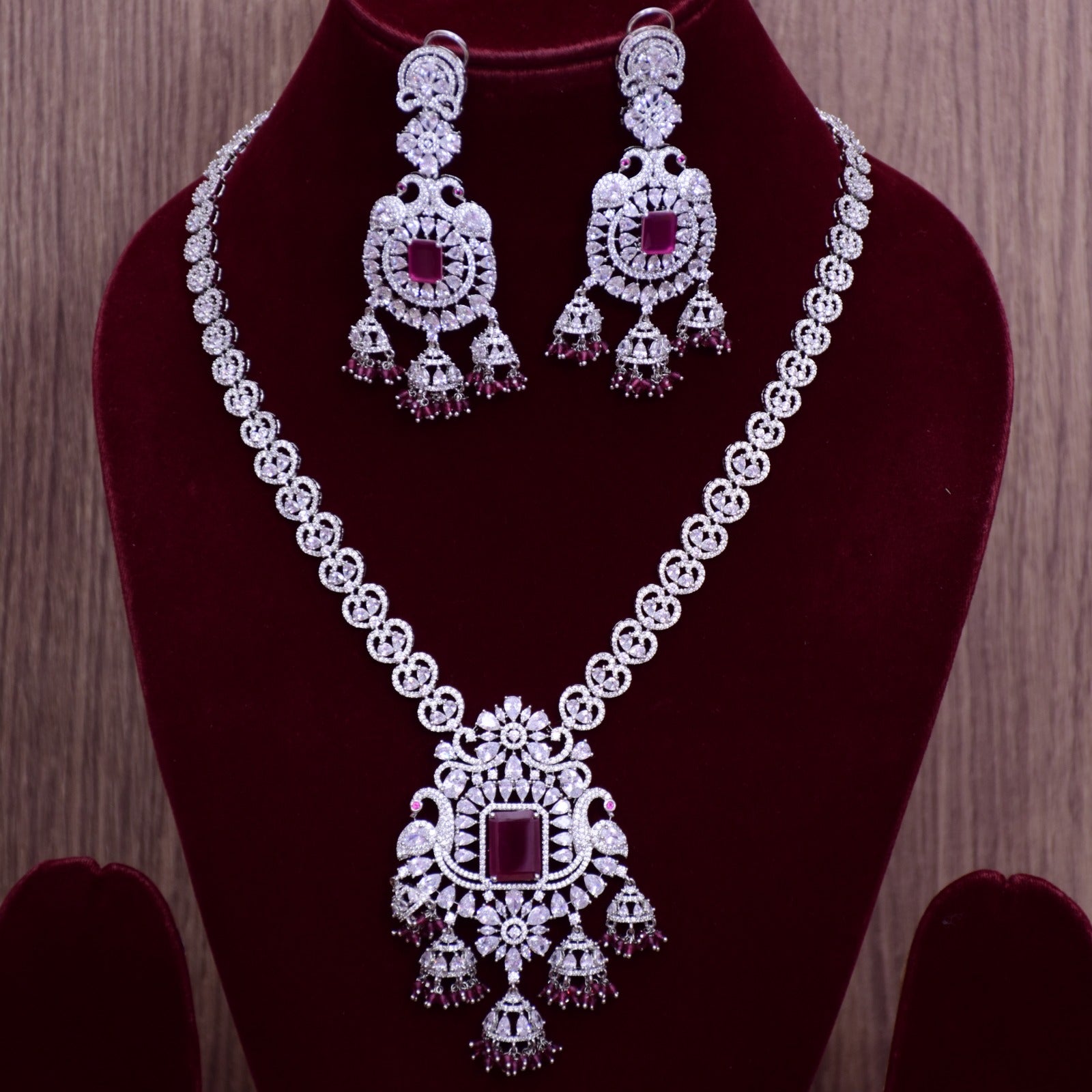 Designer Semi-Precious American Diamond & Ruby Necklace with Earrings –  PAAIE